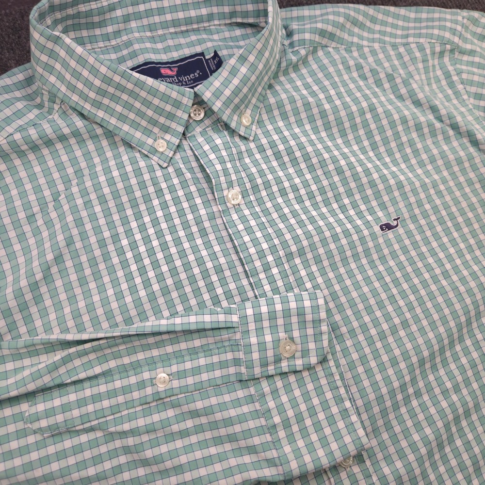 Vineyard Vines Shirt Mens XXL Green Gingham Nylon Blend Button Down Preppy Whale